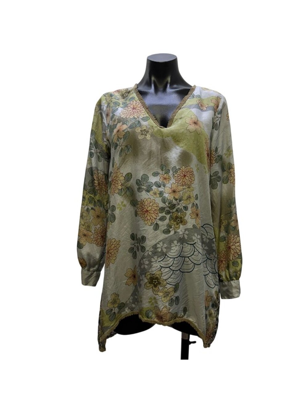 Johnny Was Floral Silk Tunic Blouse Green & Gray Size S